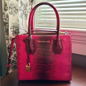 Michael Kors Mercer Medium Hot Pink Snakeskin Crossbody  Satchel Purse Bag